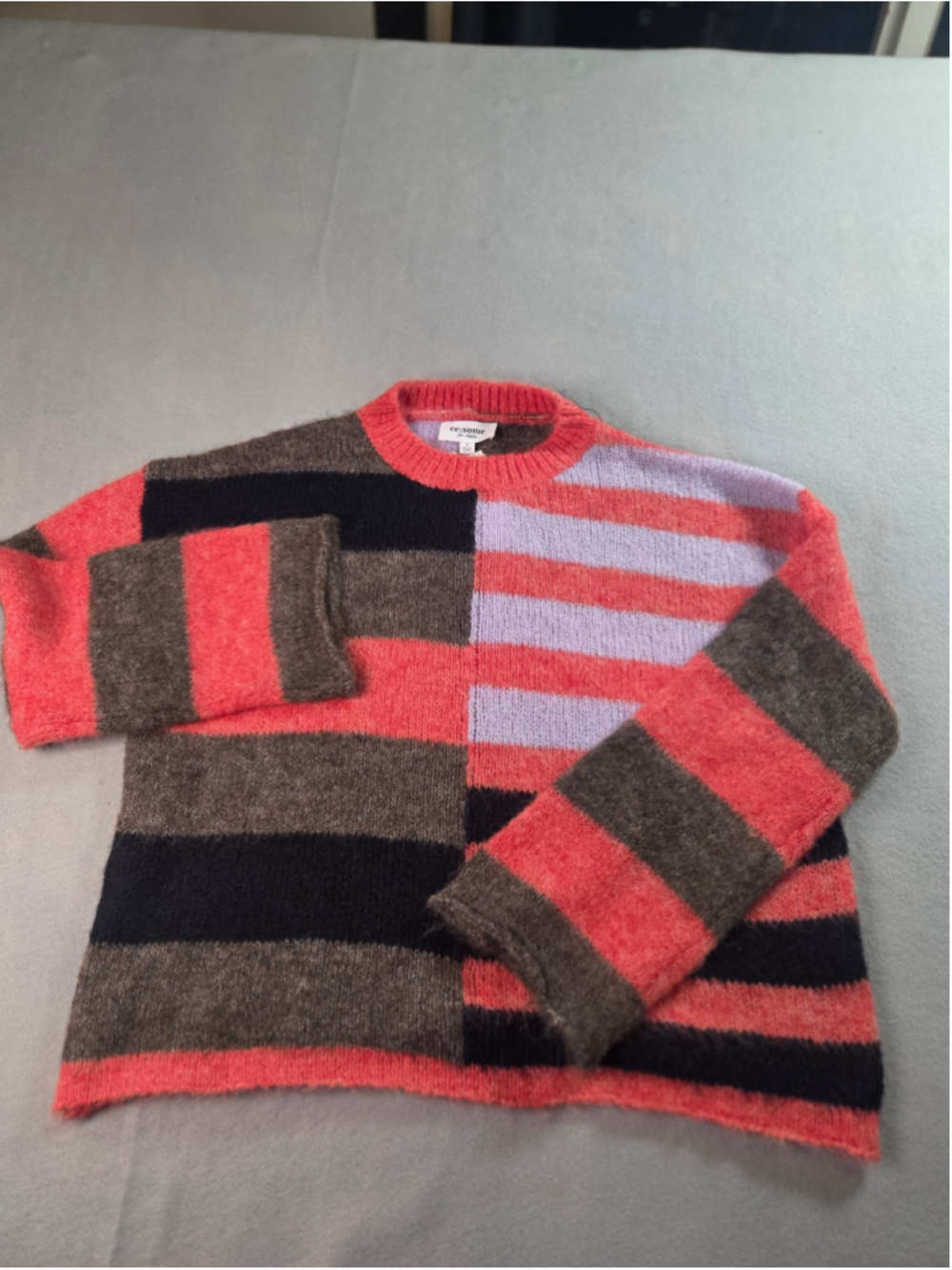 Women's ee:some Striped Crew Neck Sweater, Size S, Coral/Black/Lavender